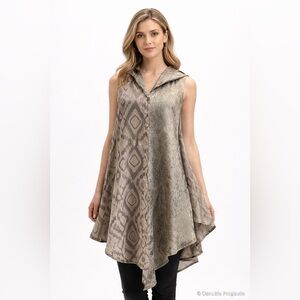 Hooded Asymmetrical Tunic Top Lagenlook Ikat Embroidered Sleeveless